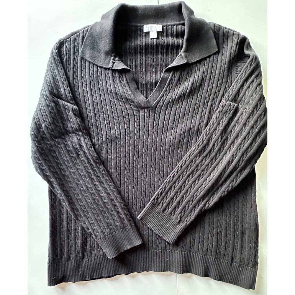 Charter Club Woman Black Cable Knit Polo Sweater V-Neck Cotton Plus Size 1X